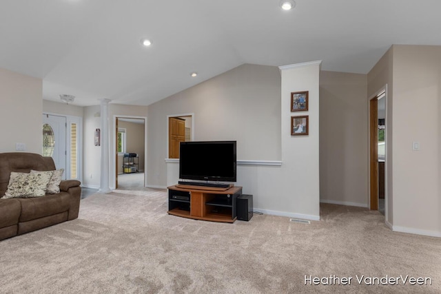living area with carpet floors, ornate columns, baseboards, recessed lighting, and lofted ceiling