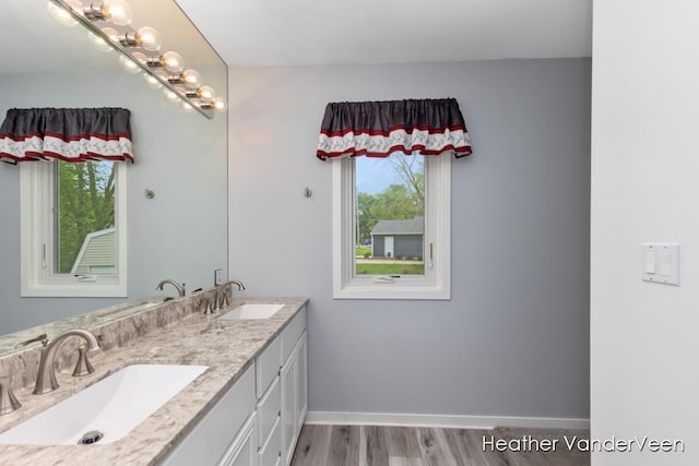 bathroom with wood finished floors, baseboards, and double vanity