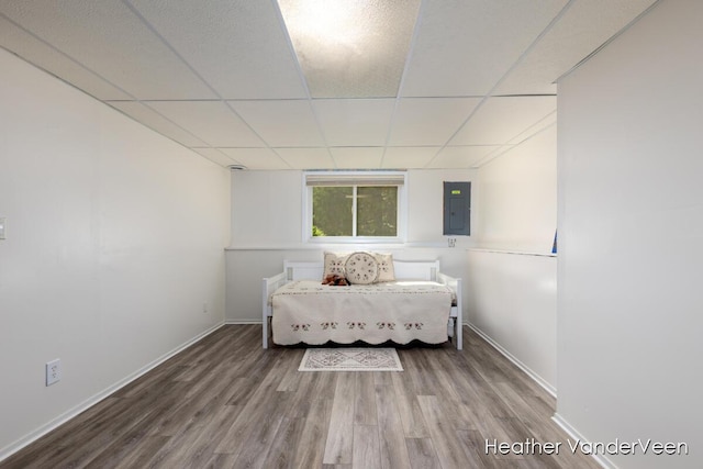 bedroom featuring electric panel, wood finished floors, baseboards, and a drop ceiling