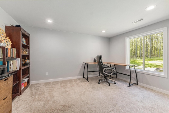 office space featuring carpet flooring, baseboards, and recessed lighting