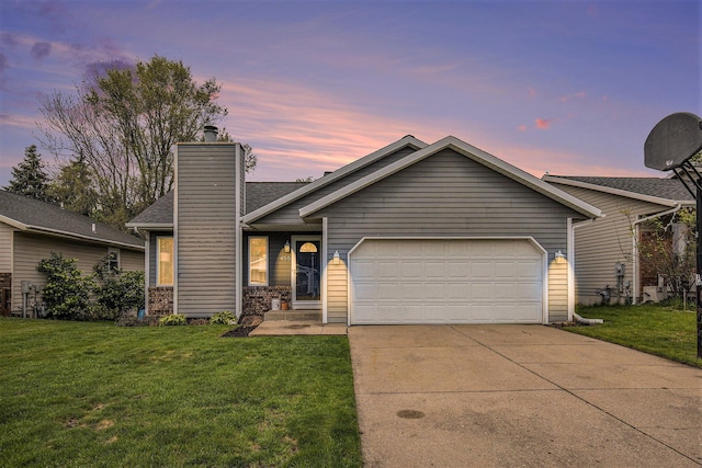 view of front of home with a garage, concrete driveway, a front yard, and a chimney