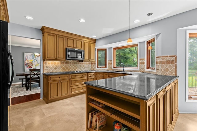 6588 White Pines Dr, Brighton, MI 48116 - kitchen with black appliances, open shelves, a sink, brown cabinetry, and recessed lighting