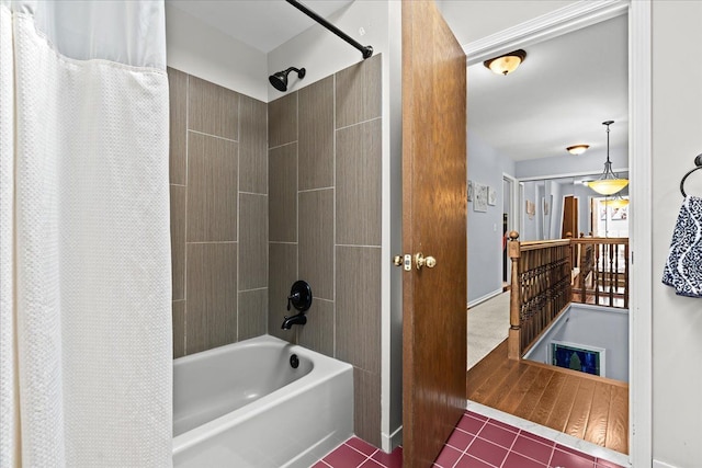 6588 White Pines Dr, Brighton, MI 48116 - full bathroom featuring tile patterned flooring, shower / bath combination with curtain, and baseboards
