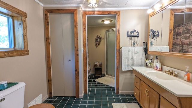 7884 N Saint Helen Rd, Saint Helen, MI 48656 - full bathroom with a stall shower, tile patterned flooring, vanity, and toilet