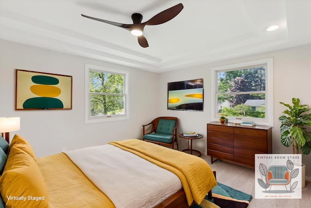 5082 Patland Dr, Kalamazoo, MI 49009 - bedroom featuring a raised ceiling, a ceiling fan, and recessed lighting
