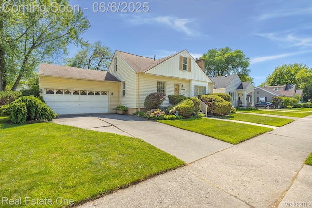 2209 Ridgemont Rd, Grosse Pointe Woods, MI 48236 - view of front of property with driveway, an attached garage, a front yard, a chimney, and board and batten siding