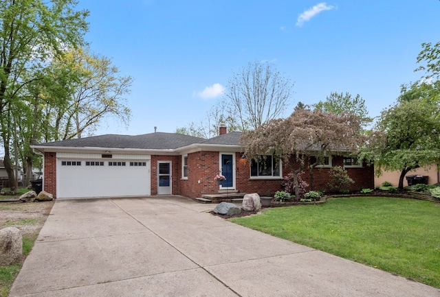 5032 Helene Ave, Shelby Twp, MI 48316 - ranch-style house with brick siding, an attached garage, concrete driveway, a front yard, and a chimney
