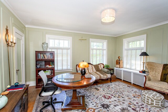 736 Chicago Blvd, Detroit, MI 48202 - office space featuring wood finished floors, healthy amount of natural light, crown molding, a decorative wall, and radiator heating unit