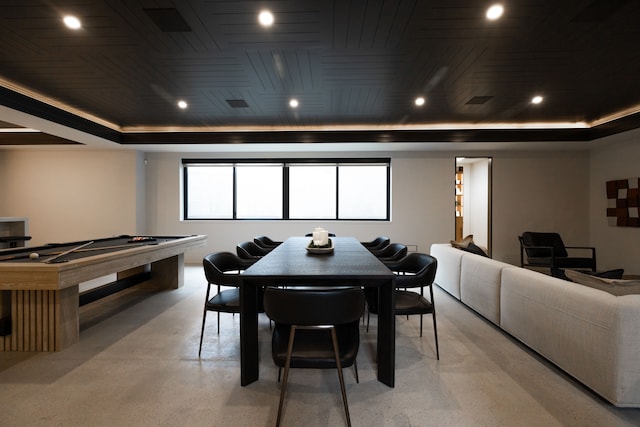 dining area featuring a raised ceiling, concrete floors, wooden ceiling, recessed lighting, and pool table