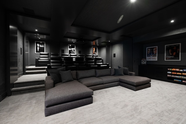 cinema with carpet, baseboards, and recessed lighting