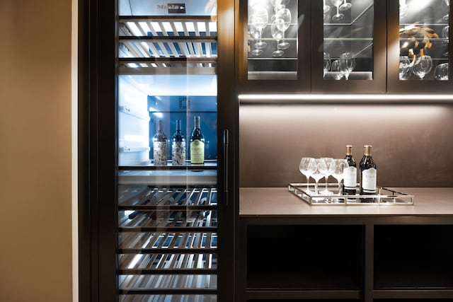 detailed view of a dry bar and wine cooler