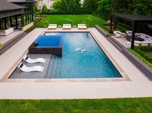 view of swimming pool featuring a gazebo, a lawn, a pool with connected hot tub, and a patio