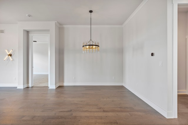 5636 Suffolk Ct, West Bloomfield, MI 48322 - unfurnished dining area featuring a chandelier, dark wood-style flooring, crown molding, and baseboards