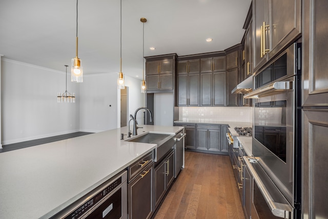 5636 Suffolk Ct, West Bloomfield, MI 48322 - kitchen featuring a sink, dark wood-style flooring, crown molding, light countertops, and tasteful backsplash