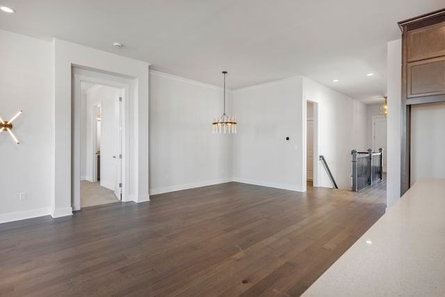 5636 Suffolk Ct, West Bloomfield, MI 48322 - unfurnished living room featuring recessed lighting, a chandelier, dark wood-style floors, baseboards, and ornamental molding