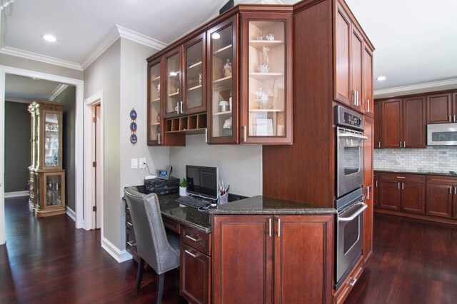 194 W Reed Lk, Commerce Twp, MI 48390 - kitchen featuring dark wood-style flooring, stainless steel double oven, dark stone countertops, decorative backsplash, and recessed lighting