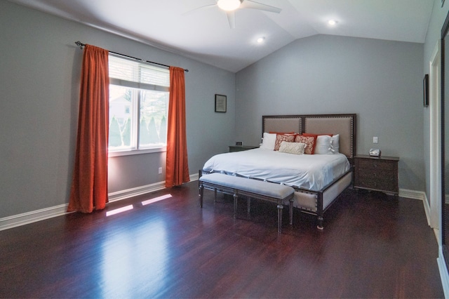 194 W Reed Lk, Commerce Twp, MI 48390 - bedroom with dark wood-type flooring, vaulted ceiling, ceiling fan, baseboards, and recessed lighting