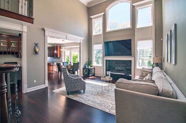194 W Reed Lk, Commerce Twp, MI 48390 - living room with a high ceiling, wood finished floors, a tile fireplace, crown molding, and baseboards