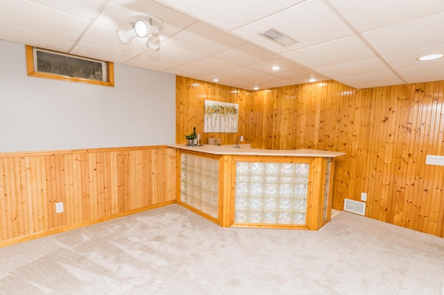 11748 Cloverview Dr, Ravenna, MI 49451 - indoor bar with wood walls, carpet floors, a drop ceiling, and recessed lighting