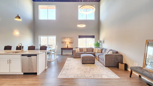 293 N 2nd St, Brighton, MI 48116 - living area with a high ceiling, healthy amount of natural light, light wood finished floors, and baseboards