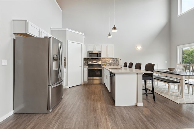 293 N 2nd St, Brighton, MI 48116 - kitchen with stainless steel appliances, a towering ceiling, a peninsula, a sink, and a kitchen bar