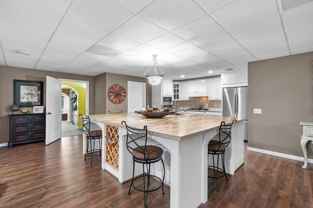 08763 Silver Lake Rd, Grand Junction, MI 49056 - kitchen with stainless steel appliances, wooden counters, dark wood-type flooring, baseboards, and a paneled ceiling