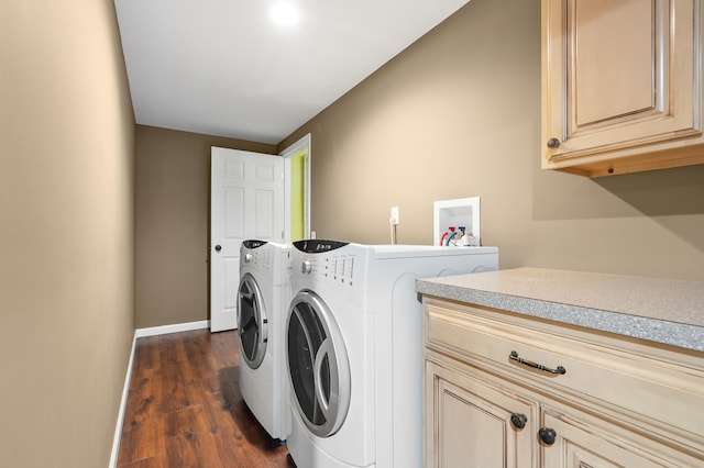 08763 Silver Lake Rd, Grand Junction, MI 49056 - laundry room featuring cabinet space, washing machine and dryer, dark wood finished floors, and baseboards