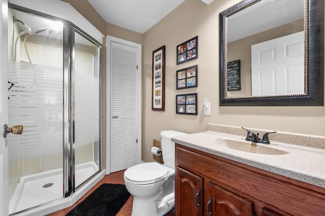 08763 Silver Lake Rd, Grand Junction, MI 49056 - full bathroom featuring a shower stall, toilet, vanity, and wood finished floors