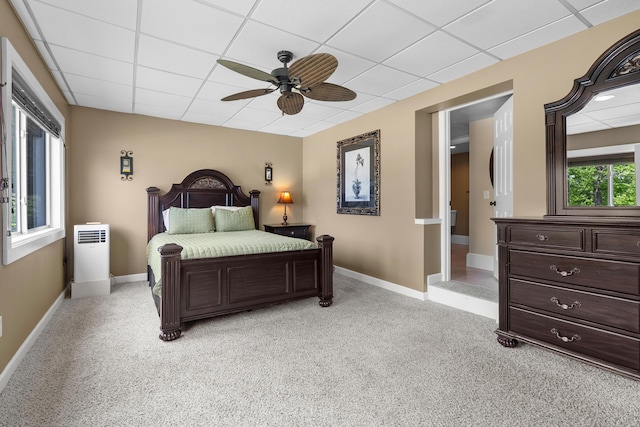 08763 Silver Lake Rd, Grand Junction, MI 49056 - bedroom with light colored carpet, a paneled ceiling, baseboards, and ceiling fan