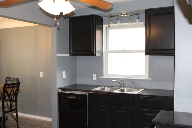 20091 Bentler St, Detroit, MI 48219 - kitchen with black dishwasher, a sink, ceiling fan, dark countertops, and baseboards