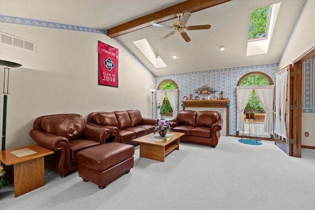 46890 Cider Mill Dr, Novi, MI 48374 - carpeted living room featuring a skylight, ceiling fan, and wallpapered walls
