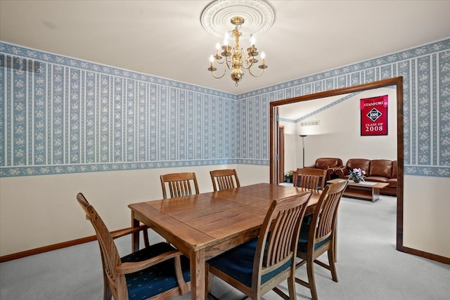 46890 Cider Mill Dr, Novi, MI 48374 - dining room featuring a chandelier, light colored carpet, baseboards, and wallpapered walls
