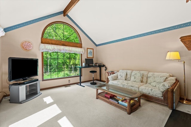 46890 Cider Mill Dr, Novi, MI 48374 - carpeted living room with baseboards, high vaulted ceiling, and beamed ceiling