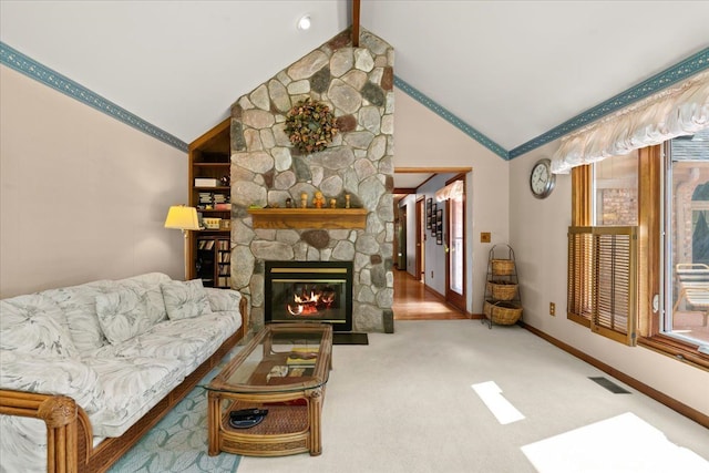 46890 Cider Mill Dr, Novi, MI 48374 - living room with lofted ceiling, baseboards, a fireplace, healthy amount of natural light, and carpet flooring
