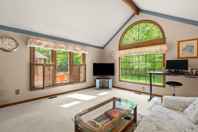 46890 Cider Mill Dr, Novi, MI 48374 - carpeted living room with plenty of natural light, baseboards, beam ceiling, and high vaulted ceiling