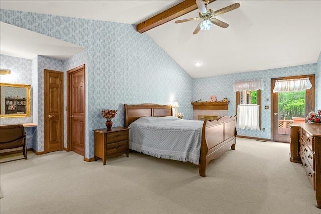 46890 Cider Mill Dr, Novi, MI 48374 - bedroom with wallpapered walls, access to outside, light colored carpet, a ceiling fan, and baseboards