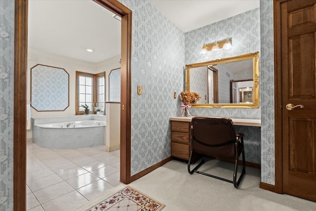 46890 Cider Mill Dr, Novi, MI 48374 - bathroom featuring a garden tub, vanity, baseboards, wallpapered walls, and tile patterned flooring