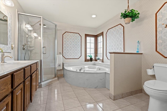 46890 Cider Mill Dr, Novi, MI 48374 - bathroom featuring toilet, vanity, a stall shower, tile patterned floors, and wallpapered walls