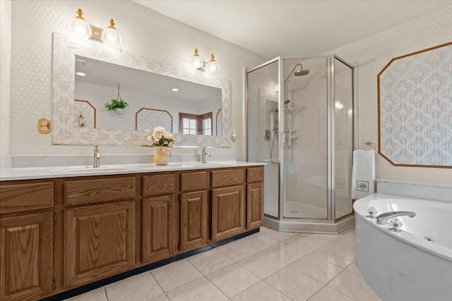 46890 Cider Mill Dr, Novi, MI 48374 - full bathroom featuring wallpapered walls, a shower stall, a garden tub, double vanity, and tile patterned floors