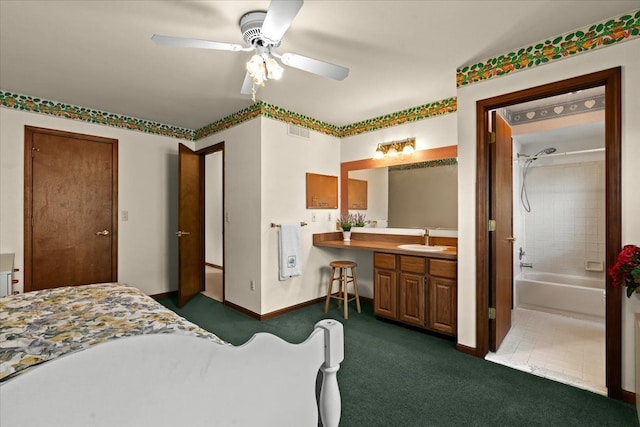 46890 Cider Mill Dr, Novi, MI 48374 - bedroom featuring a sink, dark colored carpet, ensuite bathroom, and ceiling fan