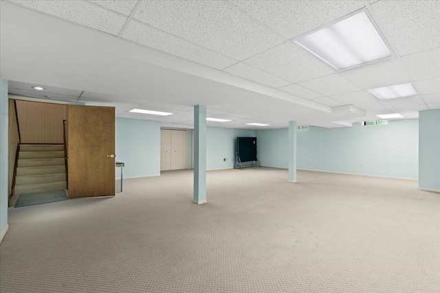 46890 Cider Mill Dr, Novi, MI 48374 - finished basement featuring a drop ceiling, baseboards, stairway, and carpet floors