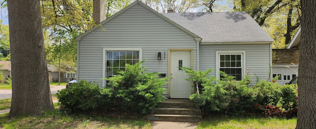 view of front of house with a chimney and roof with shingles