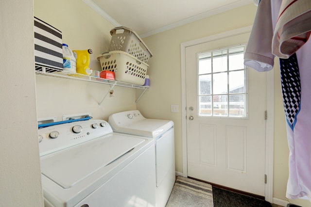 6418 Apple Way, Fenton, MI 48430 - washroom featuring washing machine and clothes dryer, ornamental molding, and baseboards