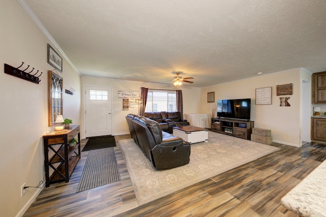 6418 Apple Way, Fenton, MI 48430 - living area featuring dark wood-type flooring, a textured ceiling, baseboards, ornamental molding, and ceiling fan