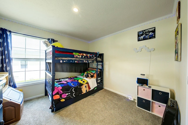 6418 Apple Way, Fenton, MI 48430 - bedroom with baseboards, carpet floors, crown molding, and a textured ceiling
