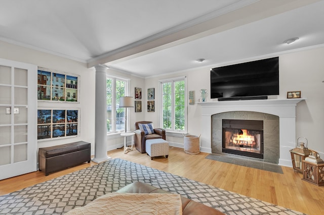 2462 N Dixboro Rd, Ann Arbor, MI 48105 - living area with a tile fireplace, ornamental molding, wood finished floors, ornate columns, and baseboards