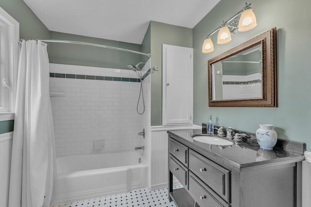 2462 N Dixboro Rd, Ann Arbor, MI 48105 - bathroom with shower / tub combo with curtain, vanity, and wainscoting