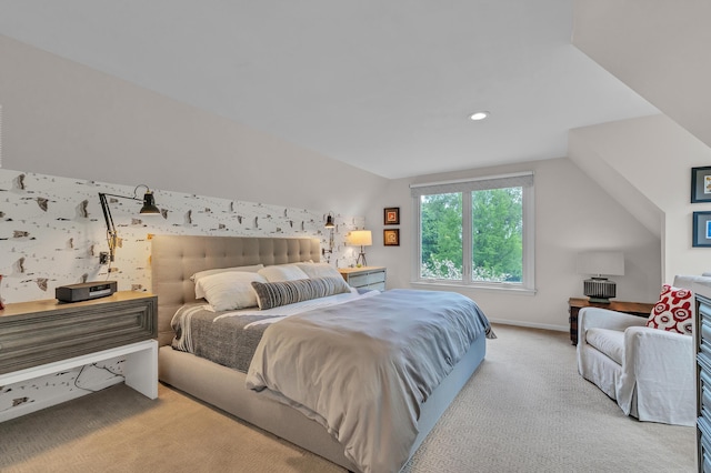 2462 N Dixboro Rd, Ann Arbor, MI 48105 - bedroom with vaulted ceiling, light colored carpet, baseboards, and recessed lighting