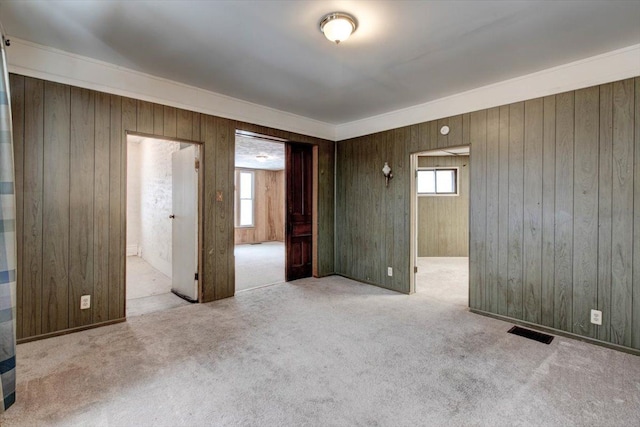 unfurnished room with wooden walls, plenty of natural light, and carpet floors