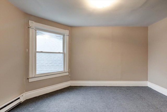 unfurnished room with carpet floors, baseboard heating, and baseboards